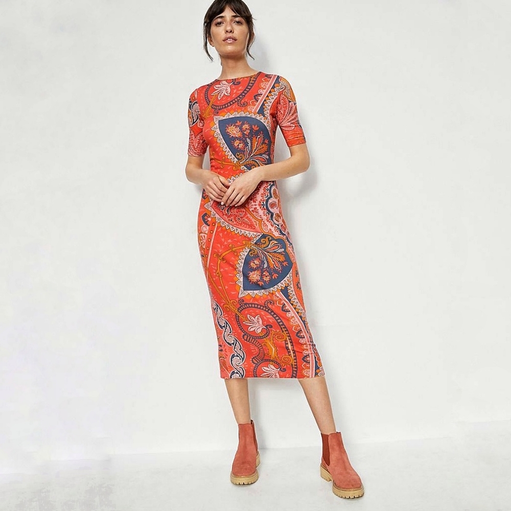 Farm Rio Giannina Knit Paisley Body Con Midi Dress